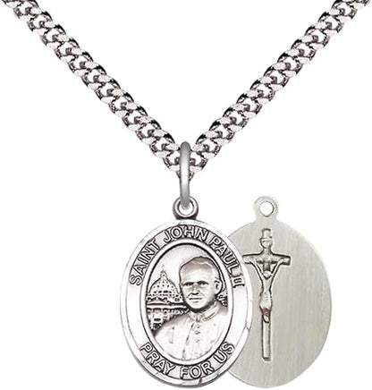 Everlasting Light Jewelry Medium Men's Pewter Saint St. John Paul II Medal Pendant 3/4 x 1/2 with 24 Inch inchRhodium Plated Heavy Curb Chain Catholic Religious Necklace - Made in USA, Deluxe Velvet Gift Box