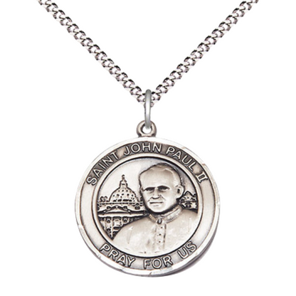 Everlasting Light Jewelry Medium Women's Pewter Saint St. John Paul II Medal Pendant on 18 Inch Rhodium Plated Lite Curb Brass Chain w/Lobster Claw clasp, Made in USA, Catholic Medal - Deluxe Velvet Gift Box