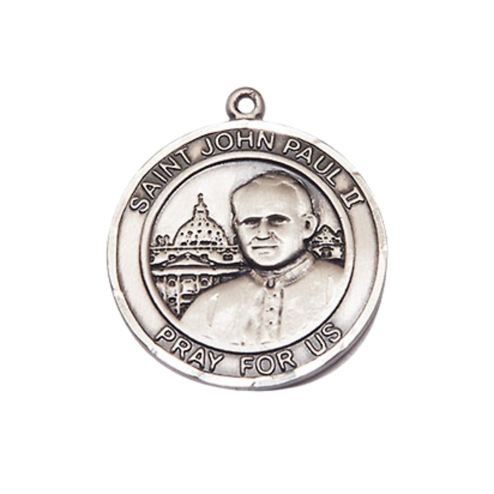 Medium Women's .925 Sterling Silver Saint St. John Paul II Pendant Necklace – ¾” x ?” Medal on 18 Inch Rhodium- Plated Lite Curb Brass Chain with Lobster Claw Clasp – Symbol of Faith & Leadership, Catholic Medal – Velvet Gift Box