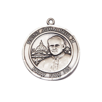 Everlasting Light Jewelry Medium Women's Pewter Saint St. John Paul II Medal Pendant on 18 Inch Rhodium Plated Lite Curb Brass Chain w/Lobster Claw clasp, Made in USA, Catholic Medal - Deluxe Velvet Gift Box