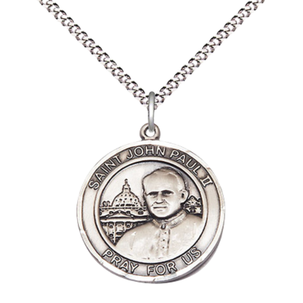 Medium Women's .925 Sterling Silver Saint St. John Paul II Pendant Necklace – ¾” x ?” Medal on 18 Inch Rhodium- Plated Lite Curb Brass Chain with Lobster Claw Clasp – Symbol of Faith & Leadership, Catholic Medal – Velvet Gift Box