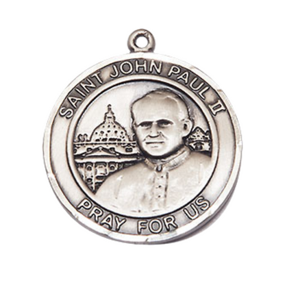 Everlasting Light Jewelry Medium Men's .925 Sterling Silver Saint St. John Paul II Medal Pendant with 24 Inch Rhodium Plated Heavy Curb Chain Catholic Religious Necklace - Made in USA, Deluxe Velvet Gift Box