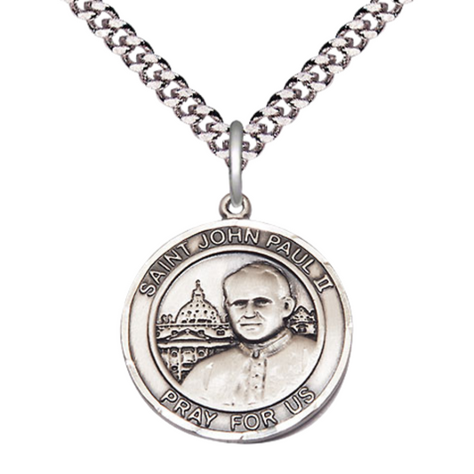 Everlasting Light Jewelry Medium Men's Pewter Saint St. John Paul II Medal Pendant on 24 Inch Endless Rhodium Plated Heavy Curb Brass Chain, Catholic Religious Necklace - Made in USA- Deluxe Velvet Gift Box
