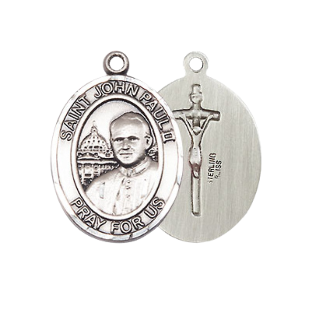 Medium Women's .925 Sterling Silver Saint St. John Paul II Pendant Necklace on 18 Inch Rhodium- Plated Lite Curb Brass Chain – Patron Saint St. of Young Men and Women & Families, Catholic Medal – Velvet Gift Box Included