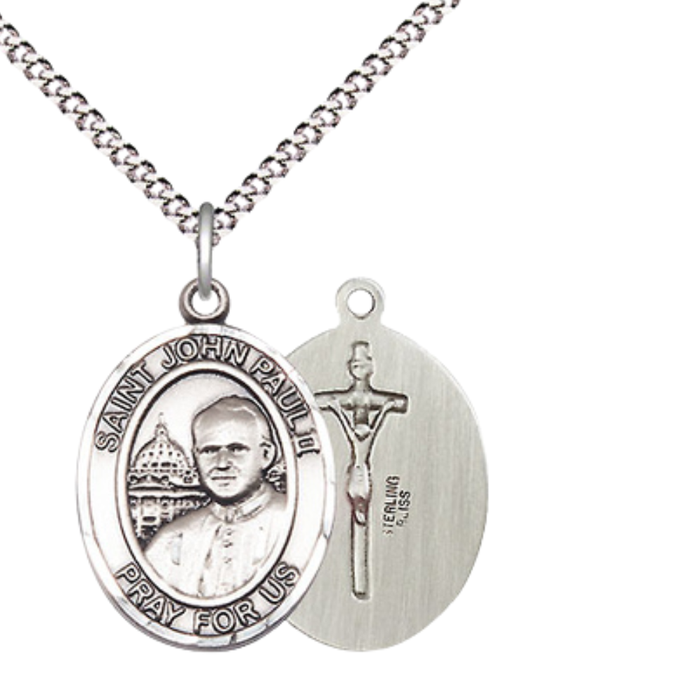 Medium Women's .925 Sterling Silver Saint St. John Paul II Pendant Necklace on 18 Inch Rhodium- Plated Lite Curb Brass Chain – Patron Saint St. of Young Men and Women & Families, Catholic Medal – Velvet Gift Box Included