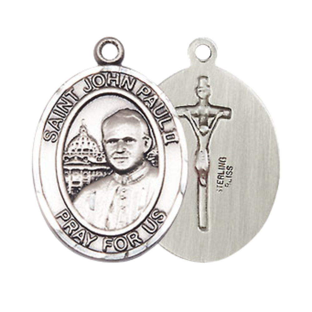 Everlasting Light Jewelry Medium Men's .925 Sterling Silver Saint St. John Paul II Medal Pendant with 24 Inch Rhodium Plated Heavy Curb Chain Catholic Religious Necklace - Made in USA, Deluxe Velvet Gift Box