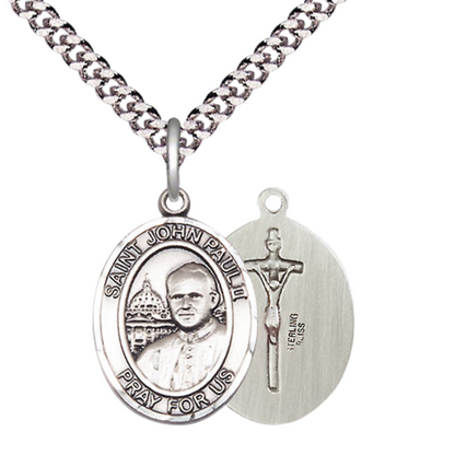 Everlasting Light Jewelry Medium Men's .925 Sterling Silver Saint St. John Paul II Medal Pendant with 24 Inch Rhodium Plated Heavy Curb Chain Catholic Religious Necklace - Made in USA, Deluxe Velvet Gift Box