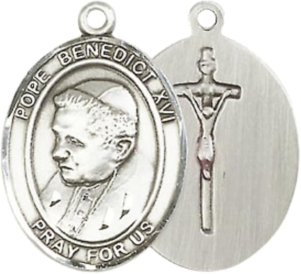 Everlasting Light Jewelry Medium Women's Pewter Pope Benedict XVI Pendant Necklace on 18- inch Rhodium- Plated Lite Curb Brass Chain – Catholic Religious Medal – Velvet Gift Box Included