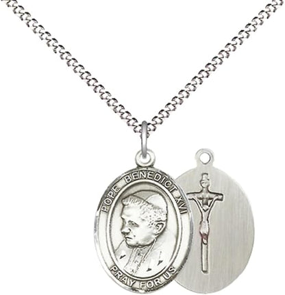 Everlasting Light Jewelry Medium Women's Pewter Pope Benedict XVI Pendant Necklace on 18- inch Rhodium- Plated Lite Curb Brass Chain – Catholic Religious Medal – Velvet Gift Box Included