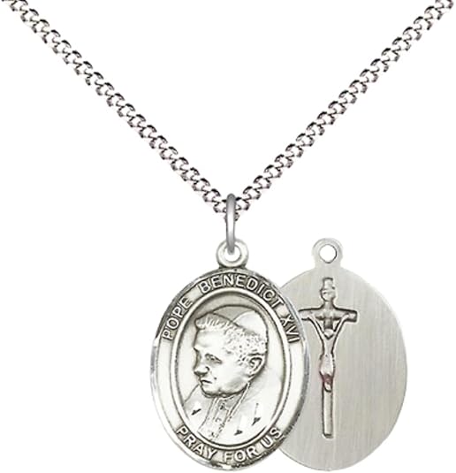 Everlasting Light Jewelry Medium Women's Pewter Pope Benedict XVI Pendant Necklace on 18- inch Rhodium- Plated Lite Curb Brass Chain – Catholic Religious Medal – Velvet Gift Box Included