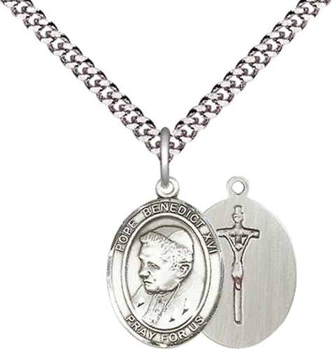 Everlasting Light Jewelry Medium Men's Pewter Pope Benedict XVI Medal Pendant on 24 Inch Endless Rhodium Plated Heavy Curb Brass Chain, Catholic Religious Necklace - Made in USA- Deluxe Velvet Gift Box