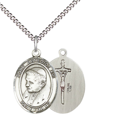 Everlasting Light Jewelry Medium Women's .925 Sterling Silver Pope Benedict XVI Pendant Necklace on 18 Inch Rhodium Plated Lite Curb Brass Chain – Patron of Faith & Theology, Catholic Medal – Velvet Gift Box Included