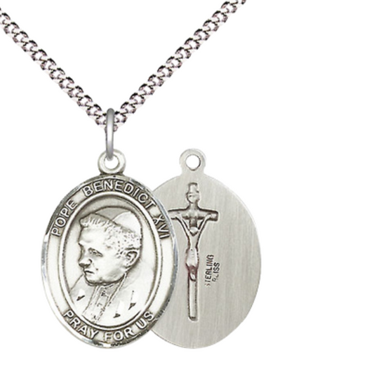 Everlasting Light Jewelry Medium Women's .925 Sterling Silver Pope Benedict XVI Pendant Necklace on 18 Inch Rhodium Plated Lite Curb Brass Chain – Patron of Faith & Theology, Catholic Medal – Velvet Gift Box Included