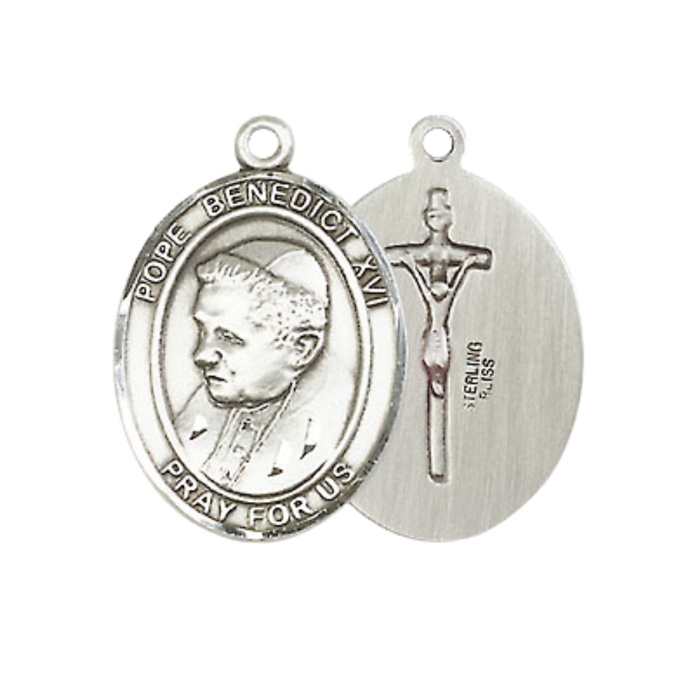 Medium Men's .925 Sterling Silver Pope Benedict XVI Medal Pendant on 24 Inch Endless Rhodium Plated Heavy Curb Brass Chain, Catholic Religious Necklace -Made in USA- Deluxe Velvet Gift Box