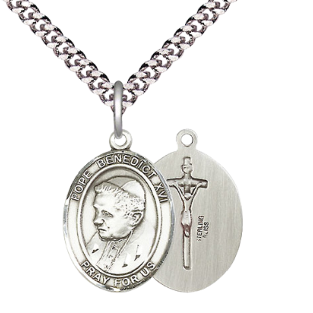 Medium Men's .925 Sterling Silver Pope Benedict XVI Medal Pendant on 24 Inch Endless Rhodium Plated Heavy Curb Brass Chain, Catholic Religious Necklace -Made in USA- Deluxe Velvet Gift Box