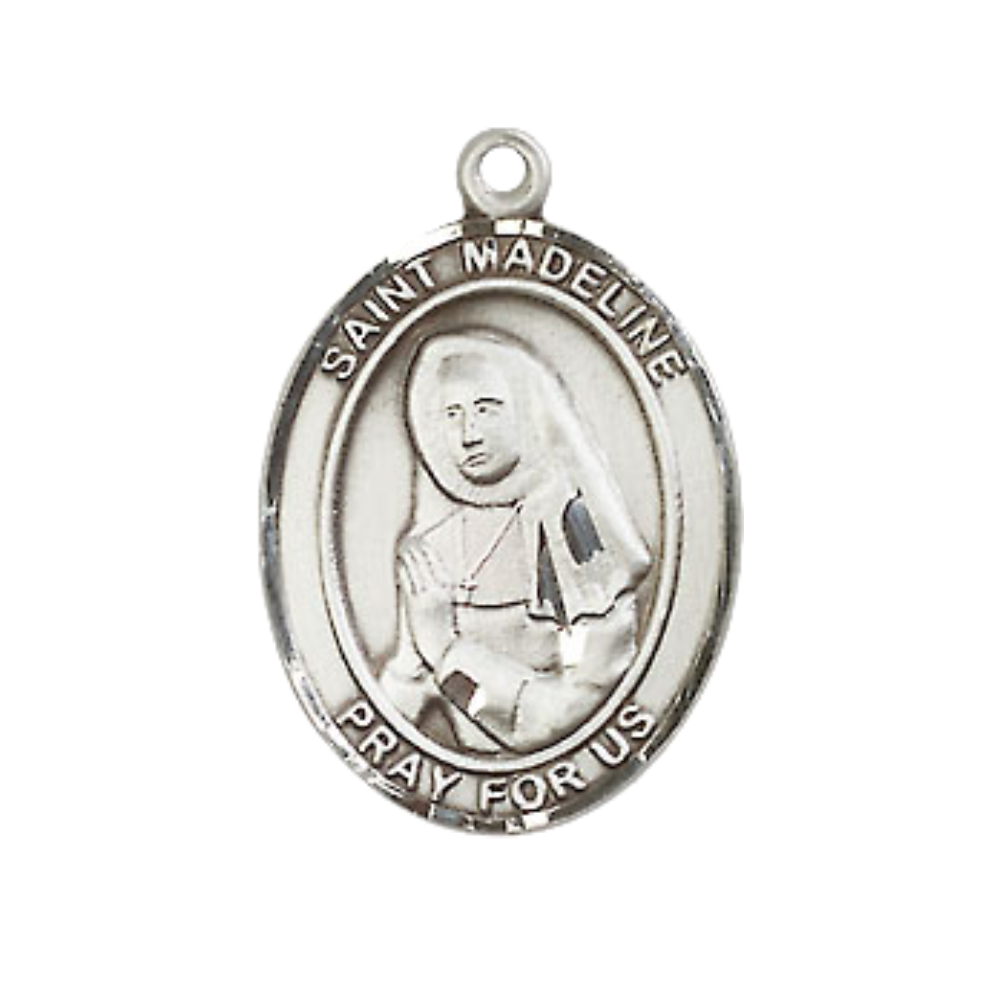 Medium Men's .925 Sterling Silver Saint St. Madeline Sophie Barat Medal Pendant on 24 Inch Endless Rhodium Plated Heavy Curb Brass Chain, Catholic Religious Necklace - Made in USA- Deluxe Velvet Gift Box