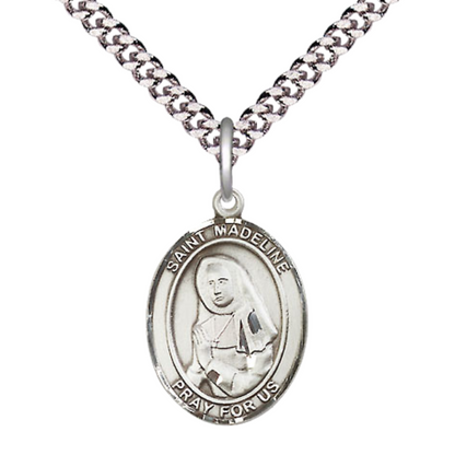 Medium Men's Pewter Saint St. Madeline Sophie Barat Medal Pendant on 24 Inch Endless Rhodium Plated Heavy Curb Brass Chain, Catholic Religious Necklace - Made in USA- Deluxe Velvet Gift Box