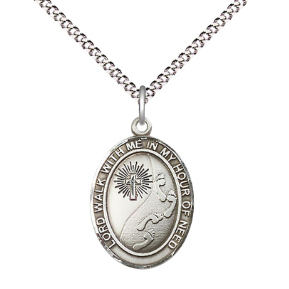 Everlasting Light Jewelry Medium Women's Pewter Footprints Cross Pendant Necklace on 18- inch Rhodium- Plated Lite Curb Brass Chain – Inspirational Christian Medal, Catholic Medal – Velvet Gift Box Included