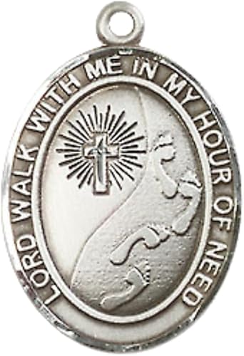 Everlasting Light Jewelry Medium Men's .925 Sterling Silver Footprints Cross Medal Pendant on 24 Inch Endless Rhodium Plated Heavy Curb Chain, Catholic Religious Necklace - Made in USA- Velvet Gift Box
