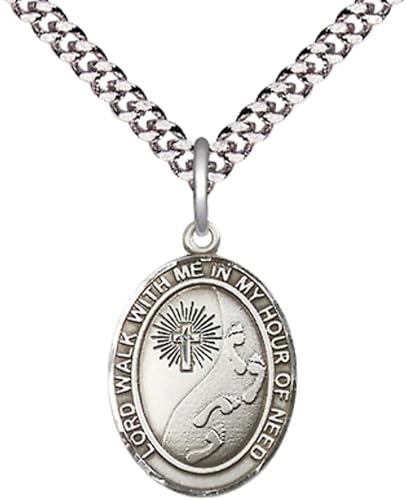 Everlasting Light Jewelry Medium Men's Pewter Footprints Cross Medal Pendant on 24 Inch Endless Rhodium Plated Heavy Curb Brass Chain, Catholic Religious Necklace - Made in USA- Deluxe Velvet Gift Box