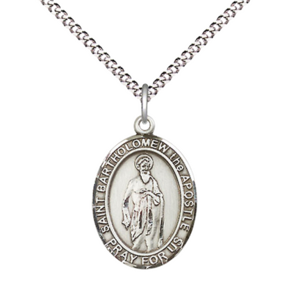 Medium Women's .925 Sterling Silver Saint St. Bartholomew the Apostle Pendant Necklace on 18 Inch Rhodium Plated Lite Curb Brass Chain – Patron Saint St. of Cobblers & Nervous Diseases, Catholic Medal – Velvet Gift Box Included