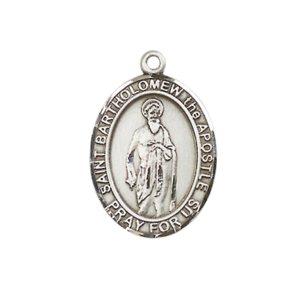 Medium Men's Pewter Saint St. Bartholomew the Apostle Medal Pendant on 24 Inch Endless Rhodium Plated Heavy Curb Brass Chain, Catholic Religious Necklace - Made in USA- Deluxe Velvet Gift Box