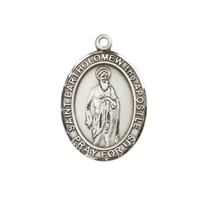 Medium Men's Pewter Saint St. Bartholomew the Apostle Medal Pendant on 24 Inch Endless Rhodium Plated Heavy Curb Brass Chain, Catholic Religious Necklace - Made in USA- Deluxe Velvet Gift Box