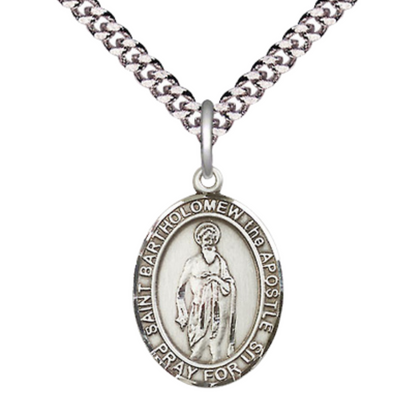 Medium Men's Pewter Saint St. Bartholomew the Apostle Medal Pendant on 24 Inch Endless Rhodium Plated Heavy Curb Brass Chain, Catholic Religious Necklace - Made in USA- Deluxe Velvet Gift Box