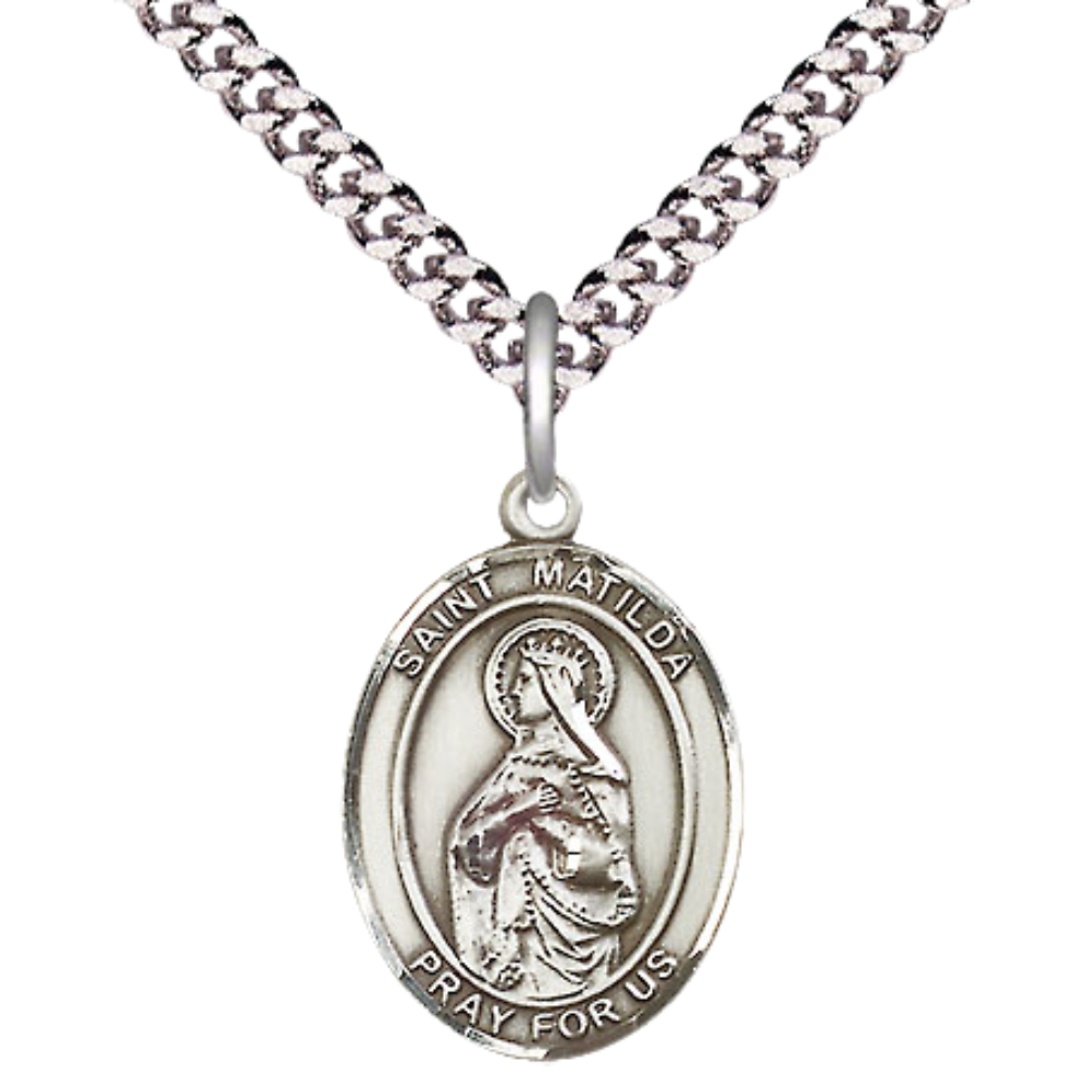 Everlasting Light Jewelry Medium Men's Pewter Patron Saint St.Matilda Medal Pendant with 24" Rhodium Plated Heavy Curb Chain Catholic Religious Necklace - Made in USA,Deluxe Velvet Gift Box
