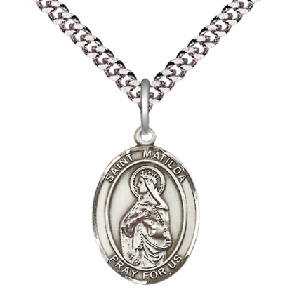 Everlasting Light Jewelry Medium Men's Pewter Patron Saint St.Matilda Medal Pendant with 24" Rhodium Plated Heavy Curb Chain Catholic Religious Necklace - Made in USA,Deluxe Velvet Gift Box
