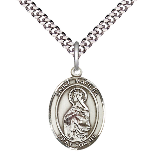 Medium Men's .925 Sterling Silver Patron Saint St. Matilda Medal Pendant with 24 Inch Rhodium Plated Heavy Curb Chain Catholic Religious Necklace - Made in USA, Deluxe Velvet Gift Box