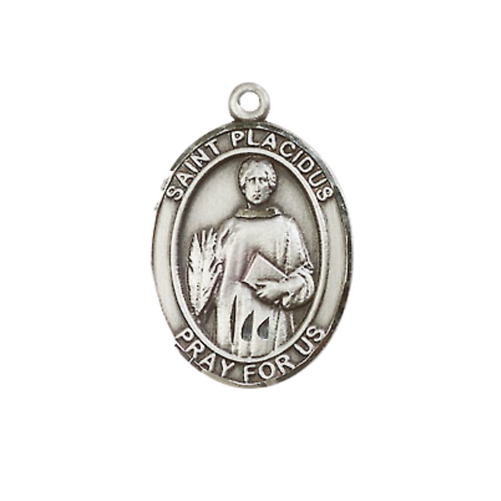 Everlasting Light Jewelry Medium Sterling Silver Saint Placidus Pendant Necklace on 18" Rhodium-Plated Lite Curb Brass Chain – Patron Saint of Young Men and Women– Velvet Gift Box Included
