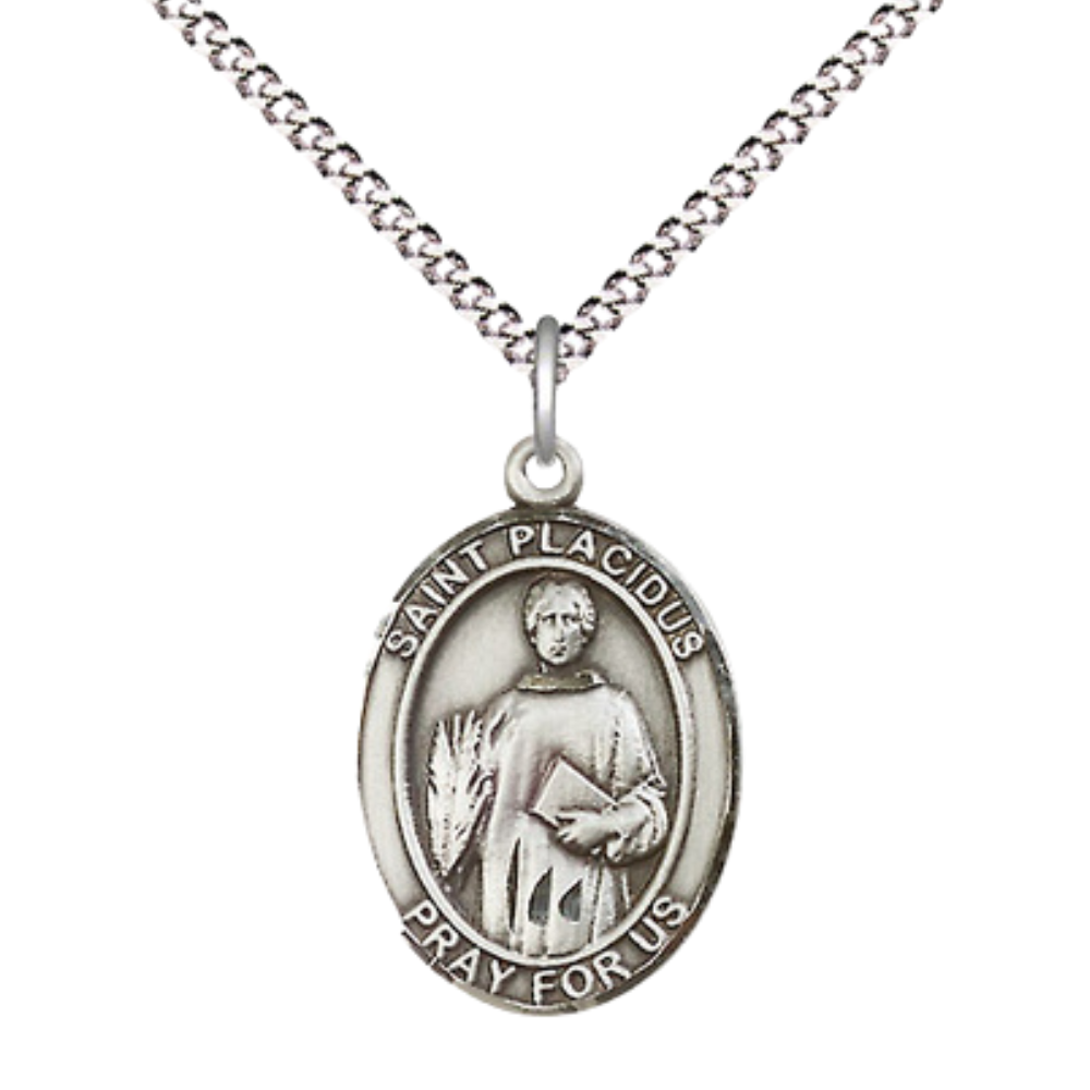 Everlasting Light Jewelry Medium Women's Pewter Saint St. Placidus Medal Pendant on 18 Inch Rhodium Plated Lite Curb Brass Chain w/Lobster Claw clasp, Made in USA, Catholic Medal - Deluxe Velvet Gift Box