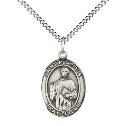 Everlasting Light Jewelry Medium Sterling Silver Saint Placidus Pendant Necklace on 18" Rhodium-Plated Lite Curb Brass Chain – Patron Saint of Young Men and Women– Velvet Gift Box Included