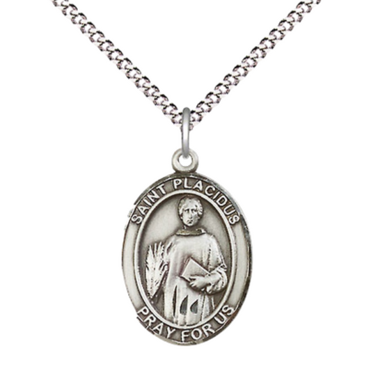 Everlasting Light Jewelry Medium Sterling Silver Saint Placidus Pendant Necklace on 18" Rhodium-Plated Lite Curb Brass Chain – Patron Saint of Young Men and Women– Velvet Gift Box Included