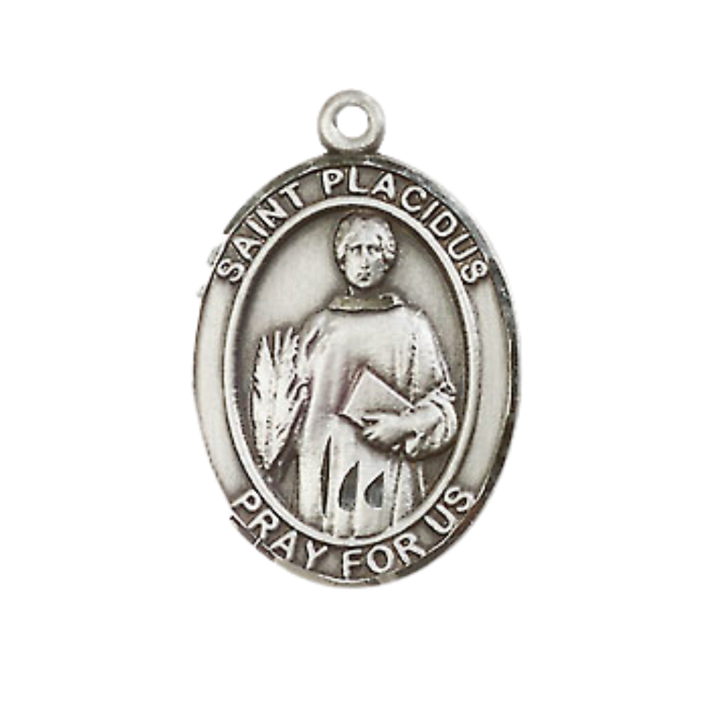 Everlasting Light Jewelry Medium Men's Pewter Saint St. Placidus Medal Pendant on 24 Inch Endless Rhodium Plated Heavy Curb Brass Chain, Catholic Religious Necklace - Made in USA- Deluxe Velvet Gift Box