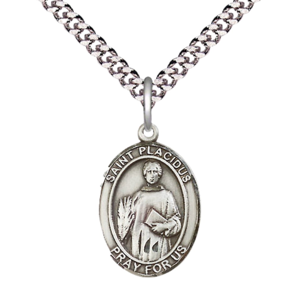 Mens Medium Oval Pewter Saint St. Placidus Medal Pendant on 24 Inch Rhodium Plated Heavy Curb Brass Chain with Lobster Claw Clasp, Catholic Religious Necklace - Made in USA- Deluxe Velvet Gift Box
