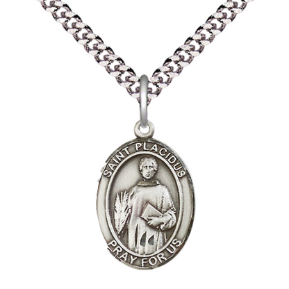 Mens Medium Oval Pewter Saint St. Placidus Medal Pendant on 24 Inch Rhodium Plated Heavy Curb Brass Chain with Lobster Claw Clasp, Catholic Religious Necklace - Made in USA- Deluxe Velvet Gift Box