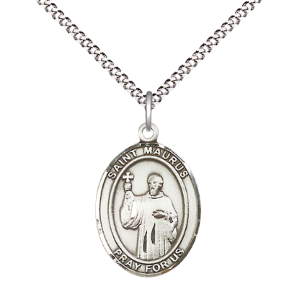 Everlasting Light Jewelry Medium Women's .925 Sterling Silver Saint St. Maurus Pendant Necklace on 18 Inch Rhodium Plated Lite Curb Brass Chain, Catholic Medal – Patron Saint St. of Cobblers & Cold – Velvet Gift Box Included