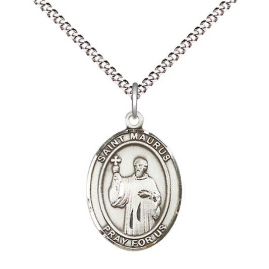 Everlasting Light Jewelry Medium Women's .925 Sterling Silver Saint St. Maurus Pendant Necklace on 18 Inch Rhodium Plated Lite Curb Brass Chain, Catholic Medal – Patron Saint St. of Cobblers & Cold – Velvet Gift Box Included