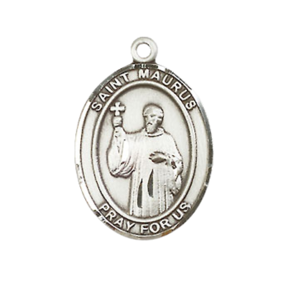 Mens Medium Oval Pewter Saint St. Maurus Medal Pendant on 24 Inch Rhodium Plated Heavy Curb Brass Chain with Lobster Claw Clasp, Catholic Religious Necklace - Made in USA- Deluxe Velvet Gift Box