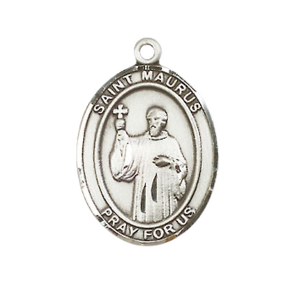 Mens Medium Oval Pewter Saint St. Maurus Medal Pendant on 24 Inch Rhodium Plated Heavy Curb Brass Chain with Lobster Claw Clasp, Catholic Religious Necklace - Made in USA- Deluxe Velvet Gift Box