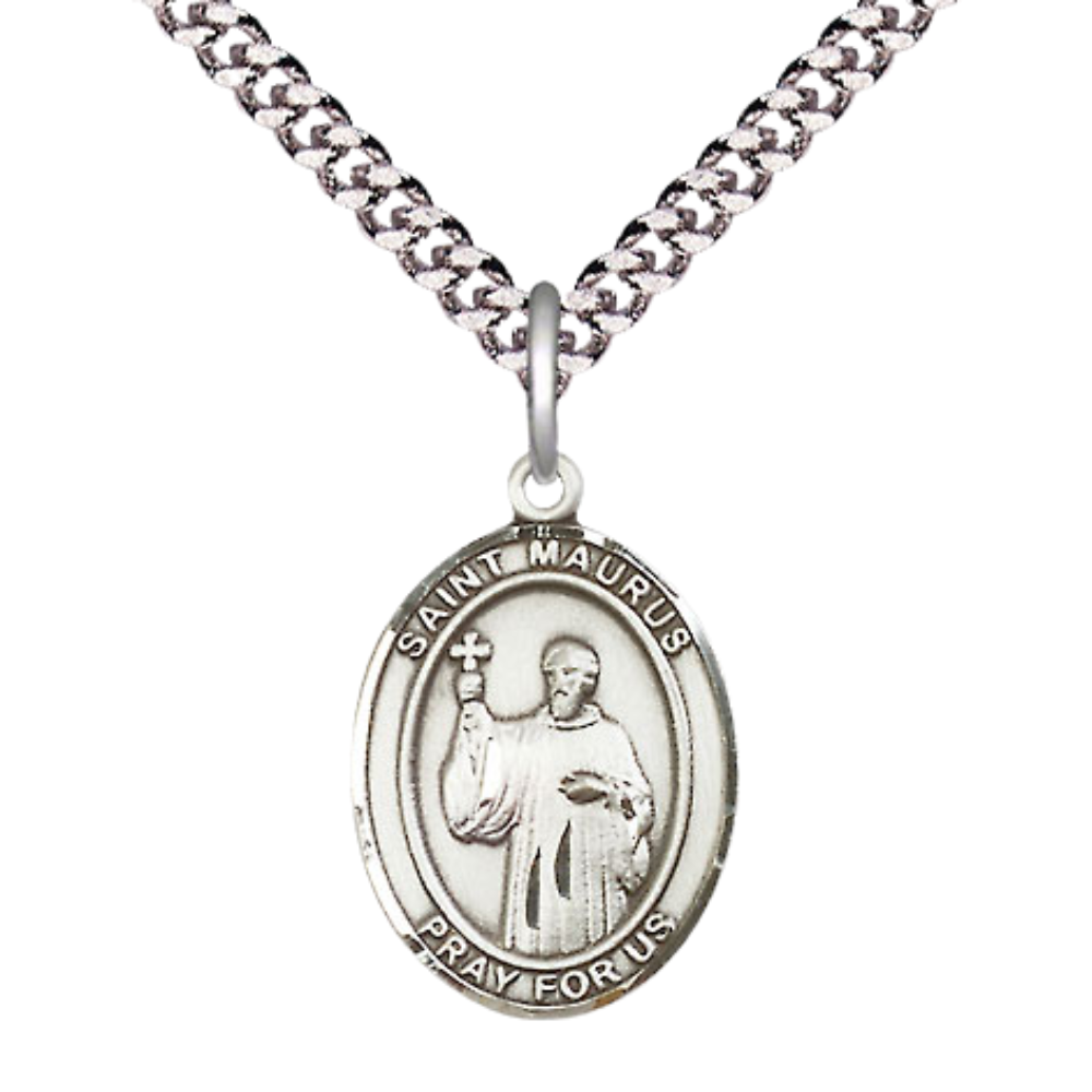 Everlasting Light Jewelry Medium Men's Pewter Saint St. Maurus Medal Pendant on 24 Inch Endless Rhodium Plated Heavy Curb Brass Chain, Catholic Religious Necklace - Made in USA- Deluxe Velvet Gift Box