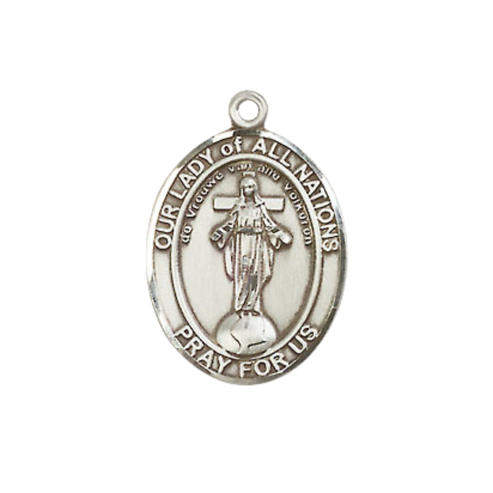 Everlasting Light Jewelry Medium Women's .925 Sterling Silver Our Lady of All Nations Pendant Necklace on 18 Inch Rhodium Plated Lite Curb Brass Chain – Spiritual Medal, Catholic Medal – Velvet Gift Box Included
