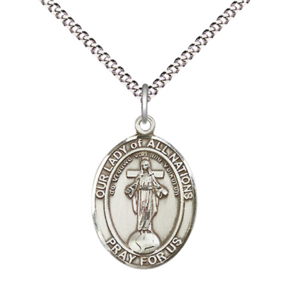 Everlasting Light Jewelry Medium Women's .925 Sterling Silver Our Lady of All Nations Pendant Necklace on 18 Inch Rhodium Plated Lite Curb Brass Chain – Spiritual Medal, Catholic Medal – Velvet Gift Box Included