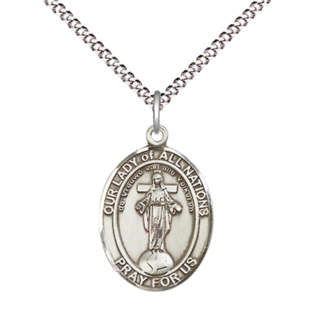 Everlasting Light Jewelry Medium Women's Pewter Our Lady of All Nations Pendant Necklace on 18- inch Rhodium- Plated Lite Curb Brass Chain – Catholic Religious Medal – Velvet Gift Box Included