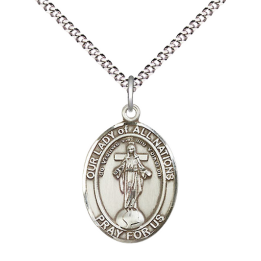 Everlasting Light Jewelry Medium Women's Pewter Our Lady of All Nations Pendant Necklace on 18- inch Rhodium- Plated Lite Curb Brass Chain – Catholic Religious Medal – Velvet Gift Box Included