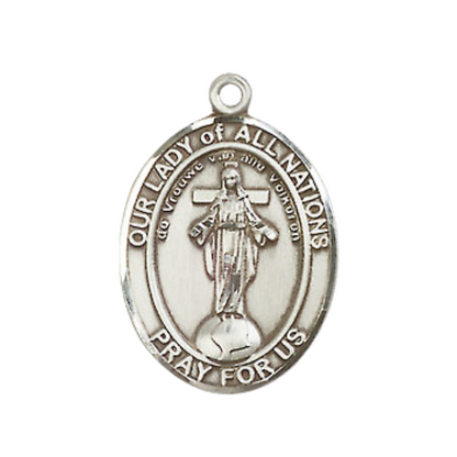 Medium Men's .925 Sterling Silver Our Lady of All Nations Medal Pendant on 24 Inch Endless Rhodium Plated Heavy Curb Brass Chain, Catholic Religious Necklace - Made in USA- Deluxe Velvet Gift Box