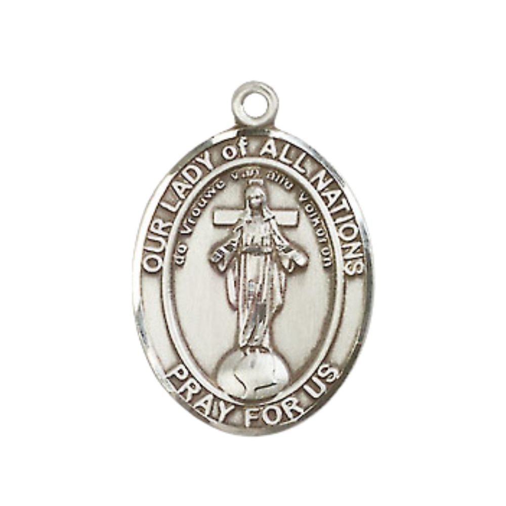 Everlasting Light Jewelry Medium Men's Pewter Our Lady of All Nations Medal Pendant on 24 Inch Endless Rhodium Plated Heavy Curb Brass Chain, Catholic Religious Necklace - Made in USA- Deluxe Velvet Gift Box