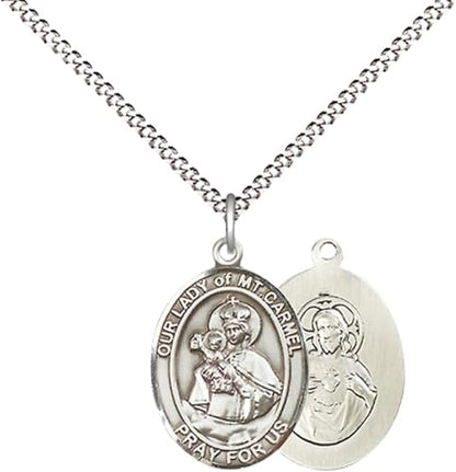 Everlasting Light Jewelry Medium Women's Pewter Our Lady of Mount Carmel Pendant Necklace on 18- inch Rhodium- Plated Lite Curb Brass Chain – Catholic Religious Medal – Velvet Gift Box Included
